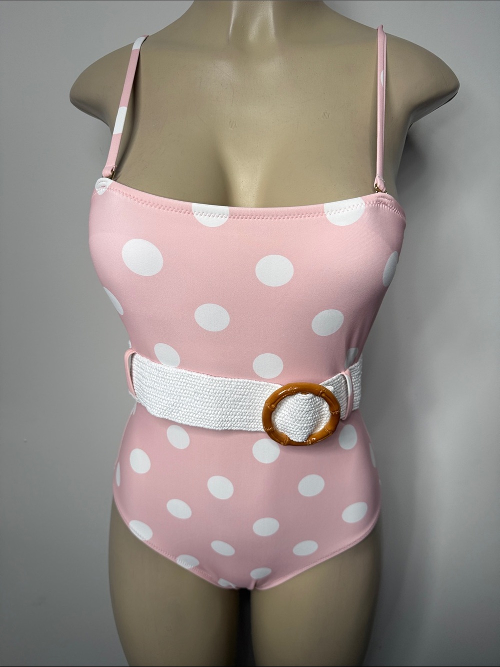 Pink Lily Pink and White Polka Dot One-Piece Swimsuit with Belt
